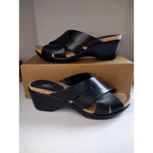 Bass‎ Maryann Black Leather Cork Wedge Mule Sandals Women's 10M